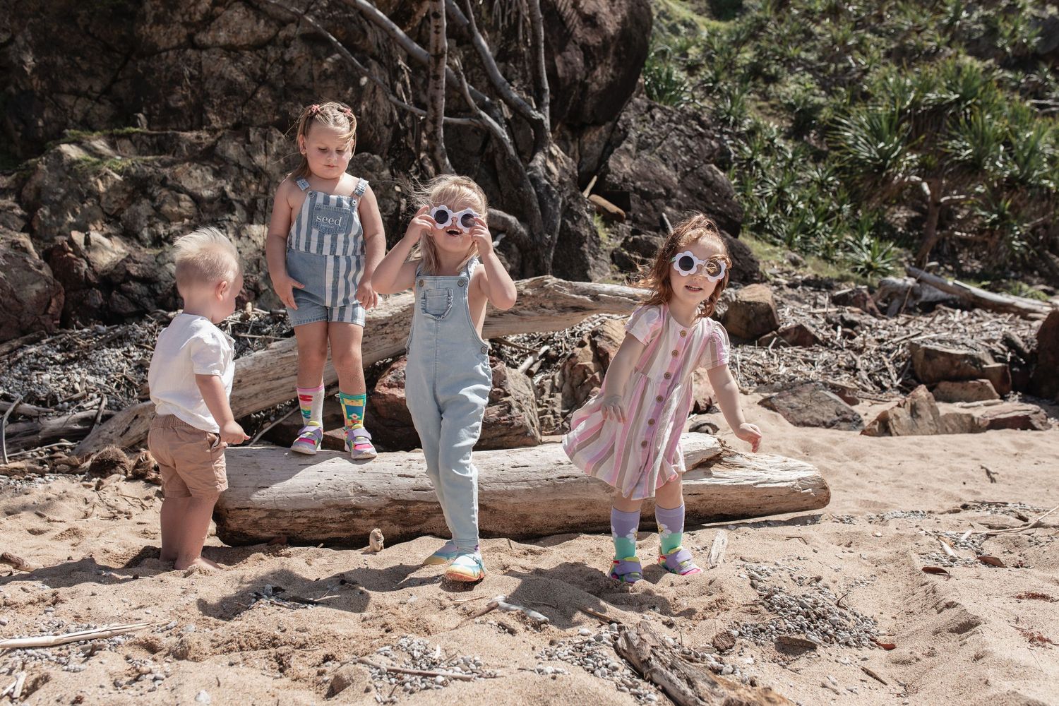 Children playing and posing on driftwood at a rocky beach on a sunny day.