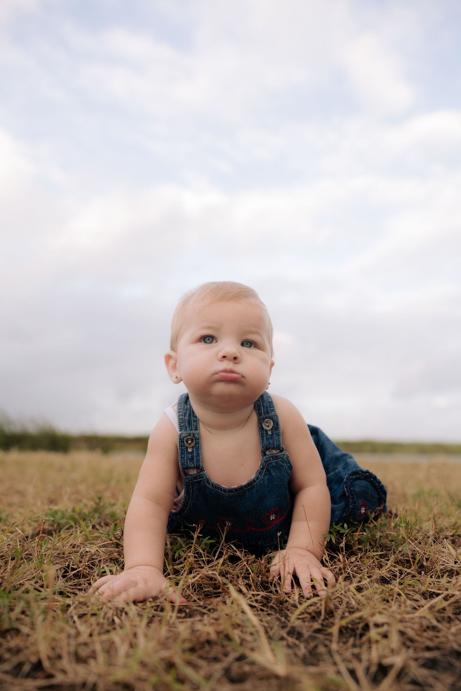 Baby in blue overalls crawling on dry grass under cloudy sky.