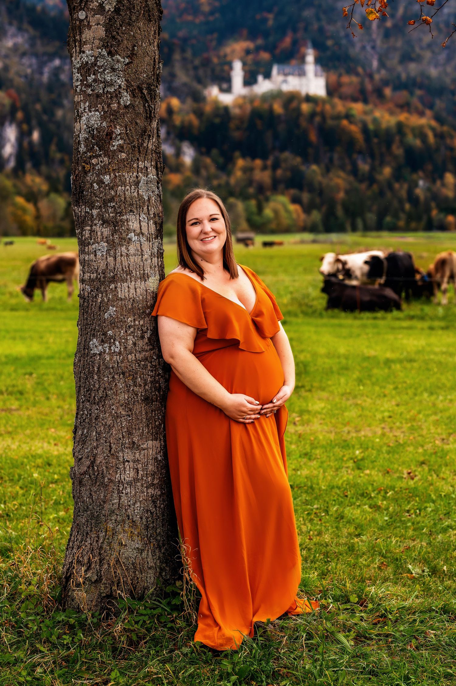 Woman in burnt orange dress poses for maternity photos in grassy field with mountains and horses in background.