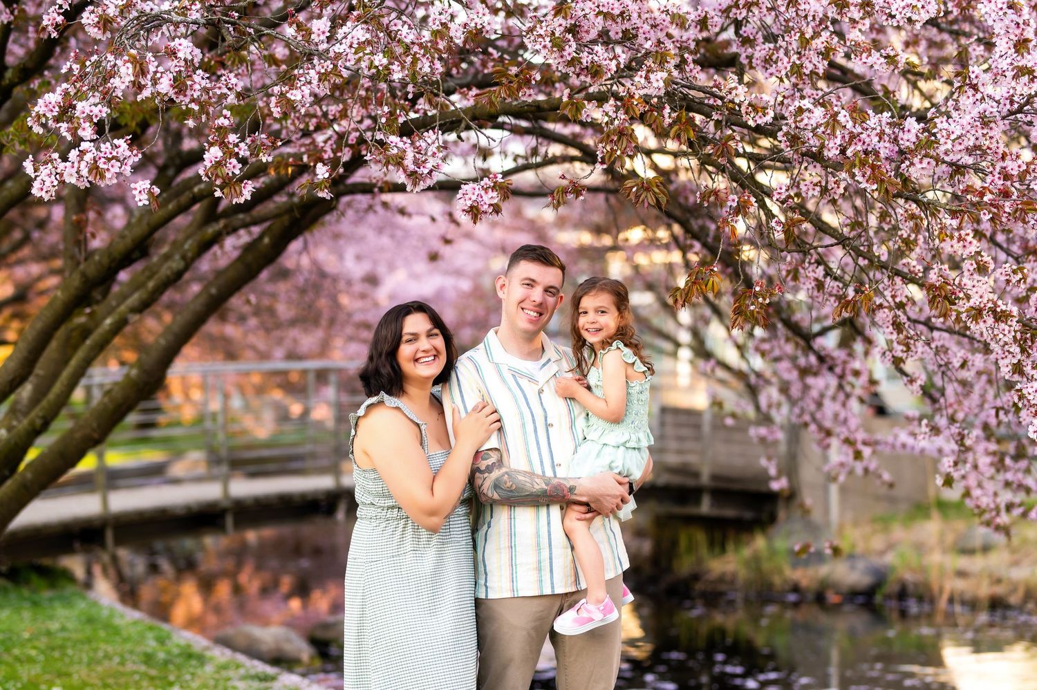 Spring family photography under blooming cherry blossom trees.