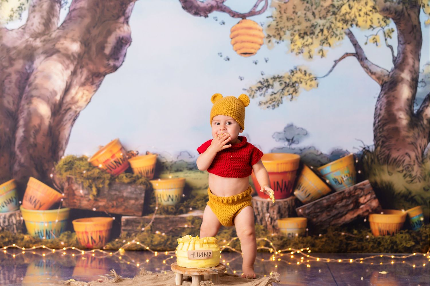 Whimsical Winnie the Pooh themed set with honey pots and forest backdrop for cake smash photography.