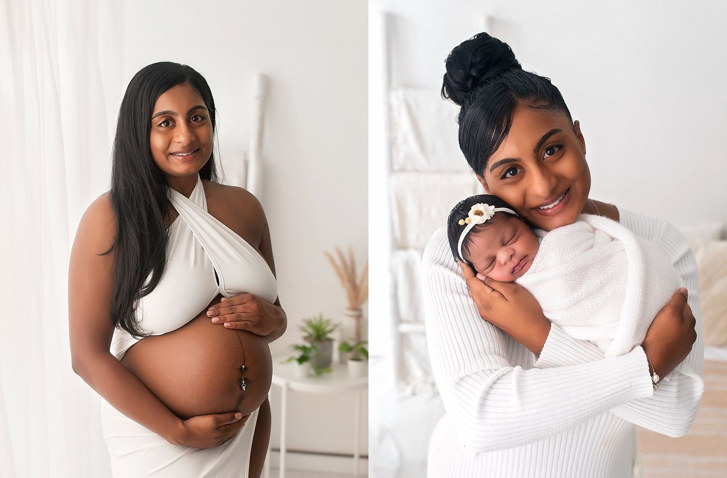 Pregnant woman in white wrap poses beside newborn photo of mother holding swaddled baby with floral headband.
