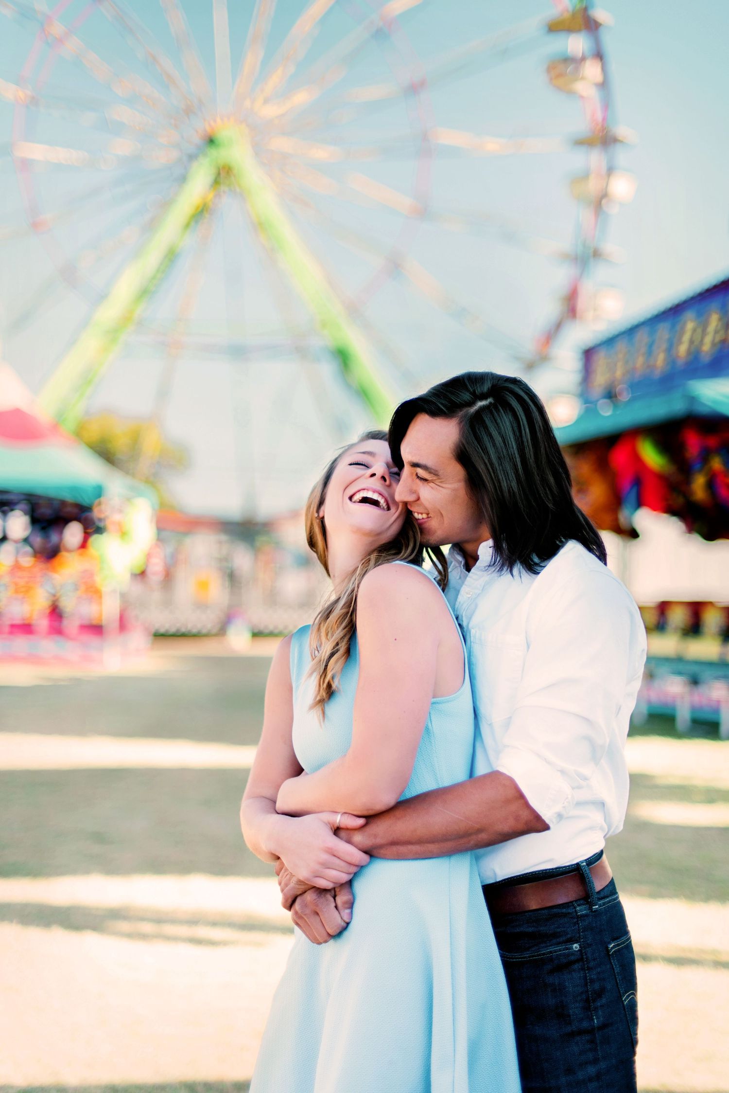 Series of romantic couple photos at a festive carnival with colorful lights in the background.