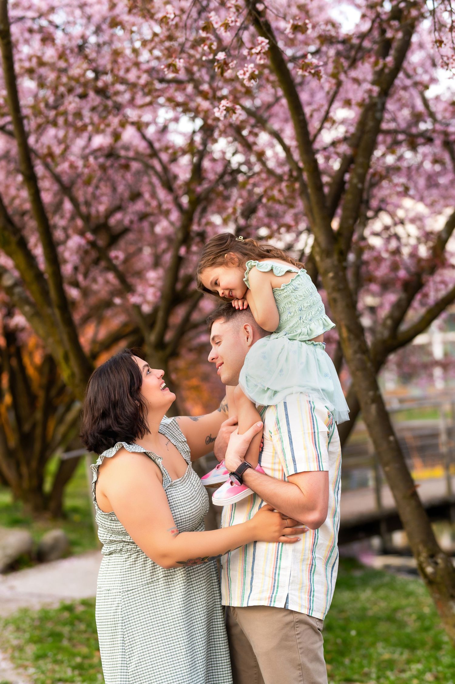Family of three enjoying spring cherry blossoms, parents lifting young girl among pink flowering trees.