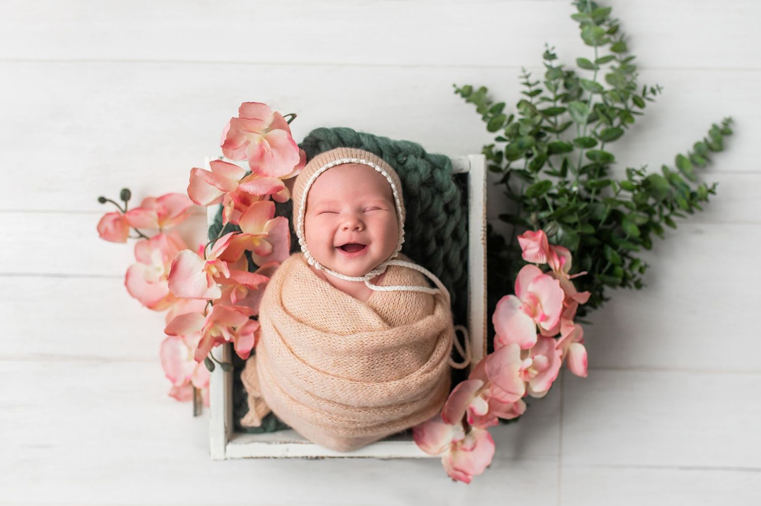 Newborn photography setup with pink flowers and soft cream blankets.