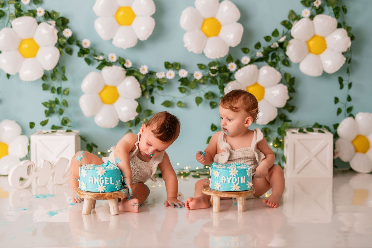 Twin cake smash photo session with daisy flower backdrop and matching outfits.