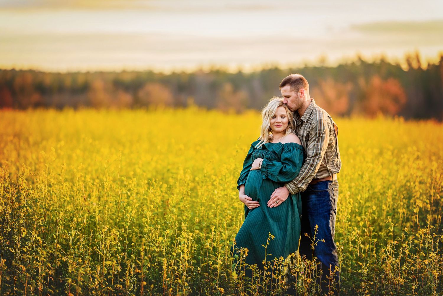 Series of loving couple portraits in a vibrant yellow canola field at sunset.