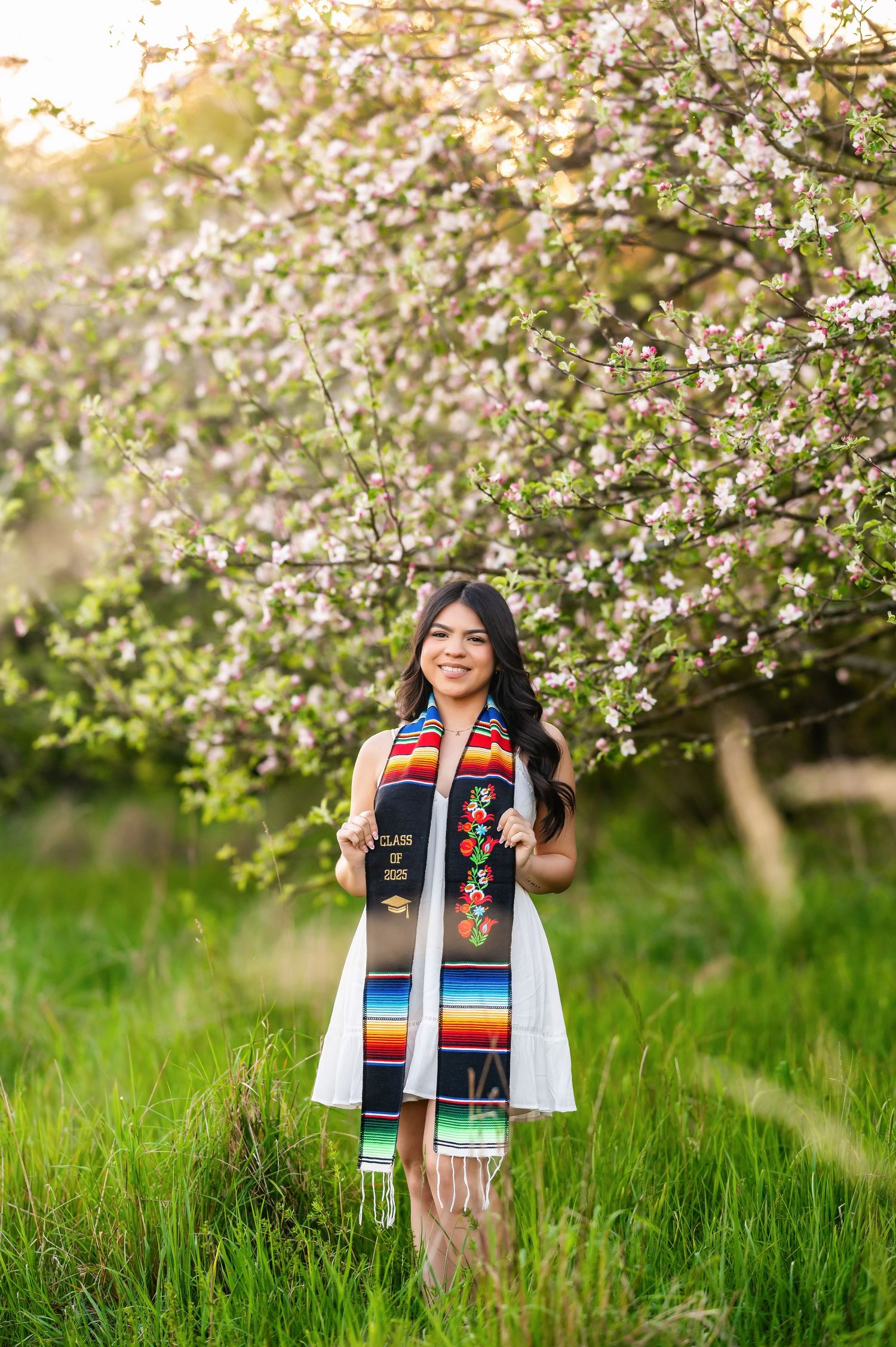 Graduate in traditional stole stands amid blooming cherry trees in spring.