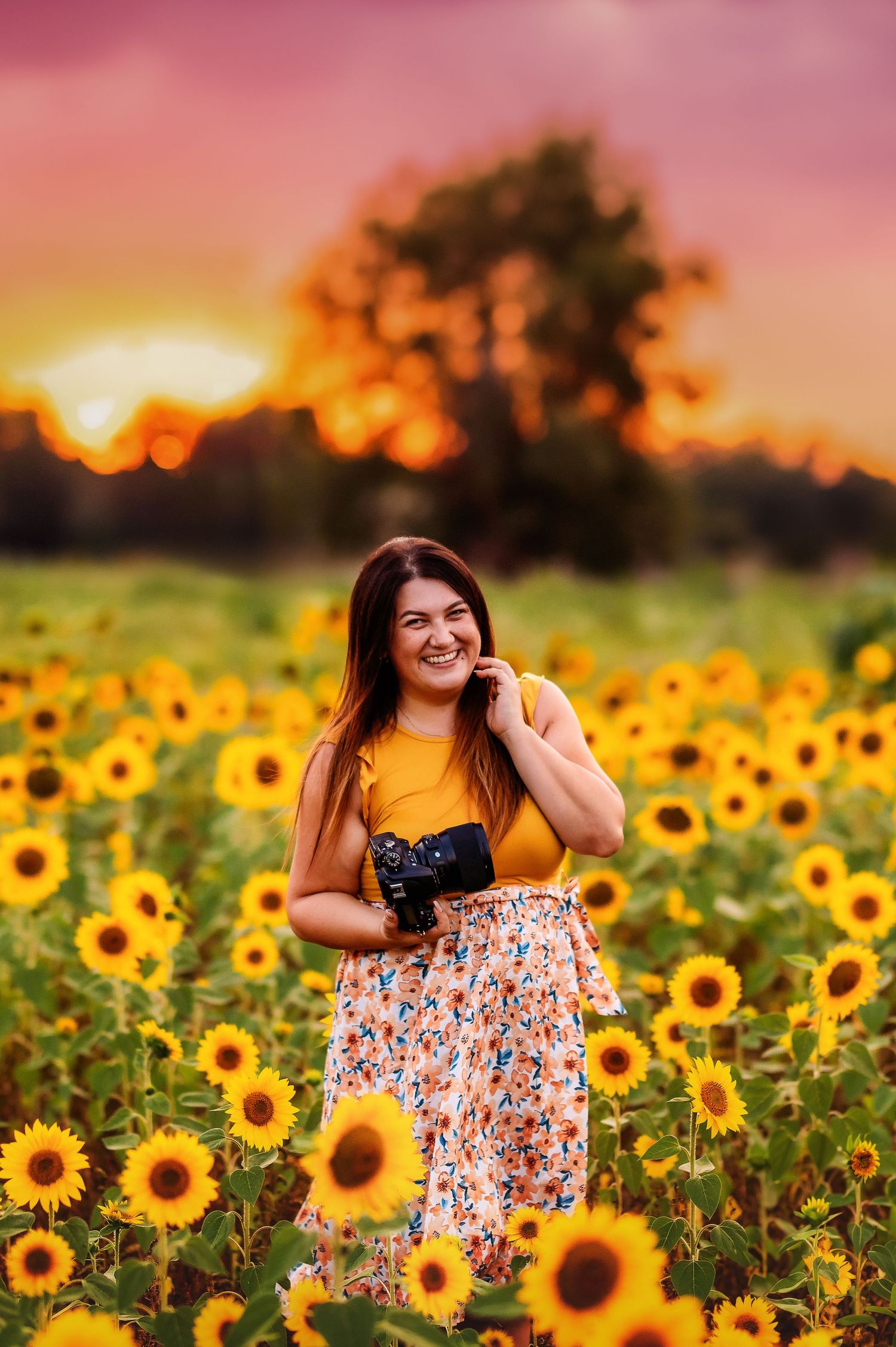 Portrait session in a blooming sunflower field during golden sunset.
