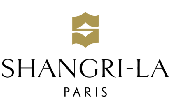 Gold and black Shangri-La Paris hotel logo with crown emblem design.