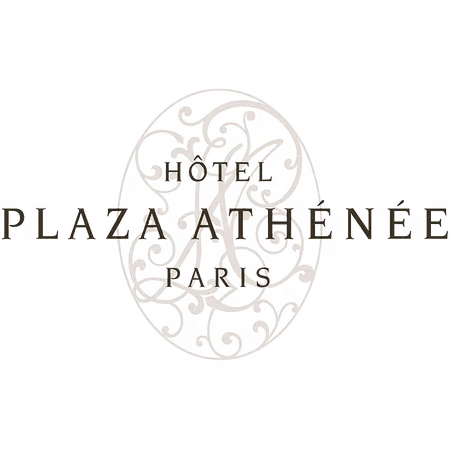 Elegant Plaza Athenee hotel logo with decorative flourishes and Paris text.
