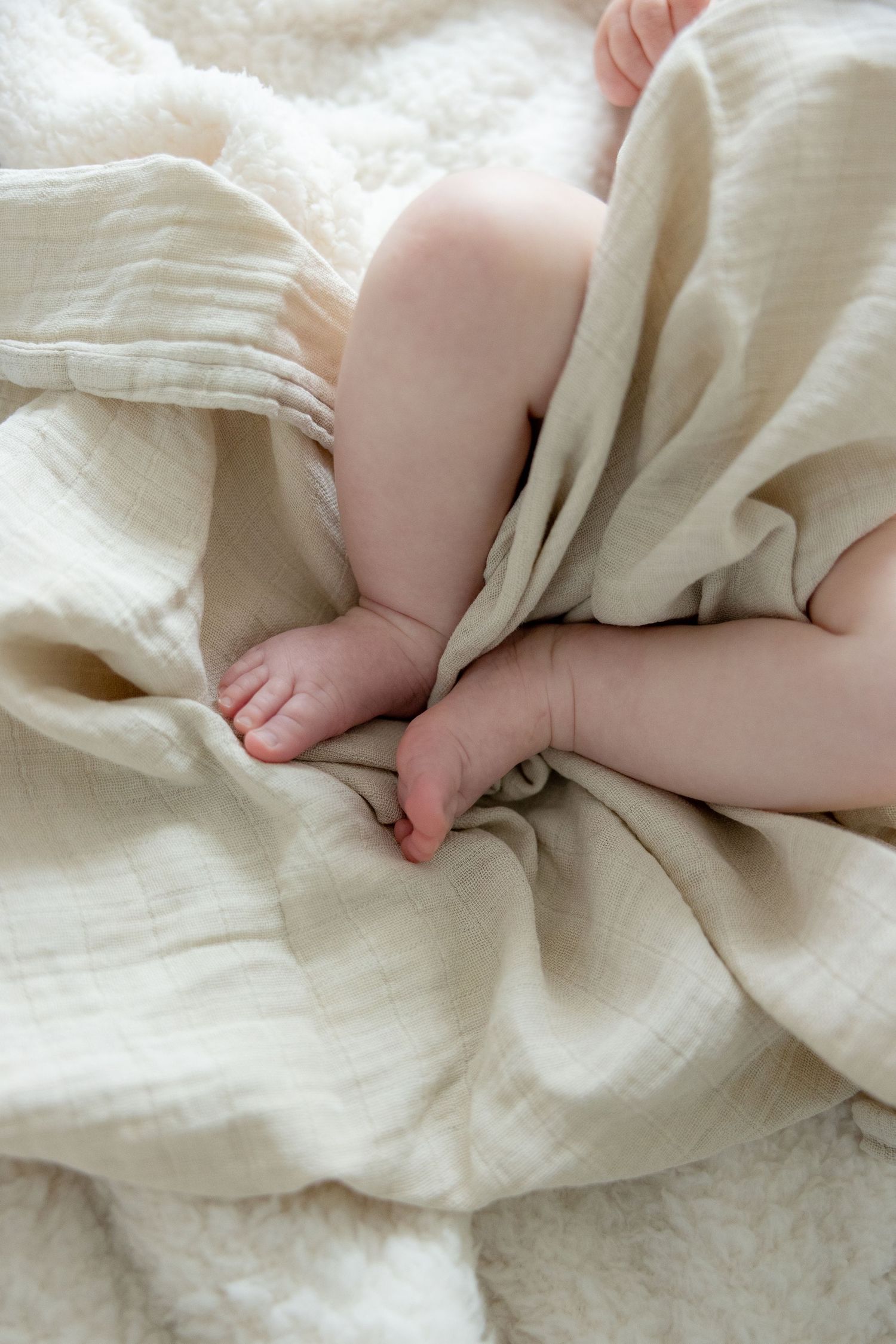 Baby's feet peeking out from soft white blanket.
