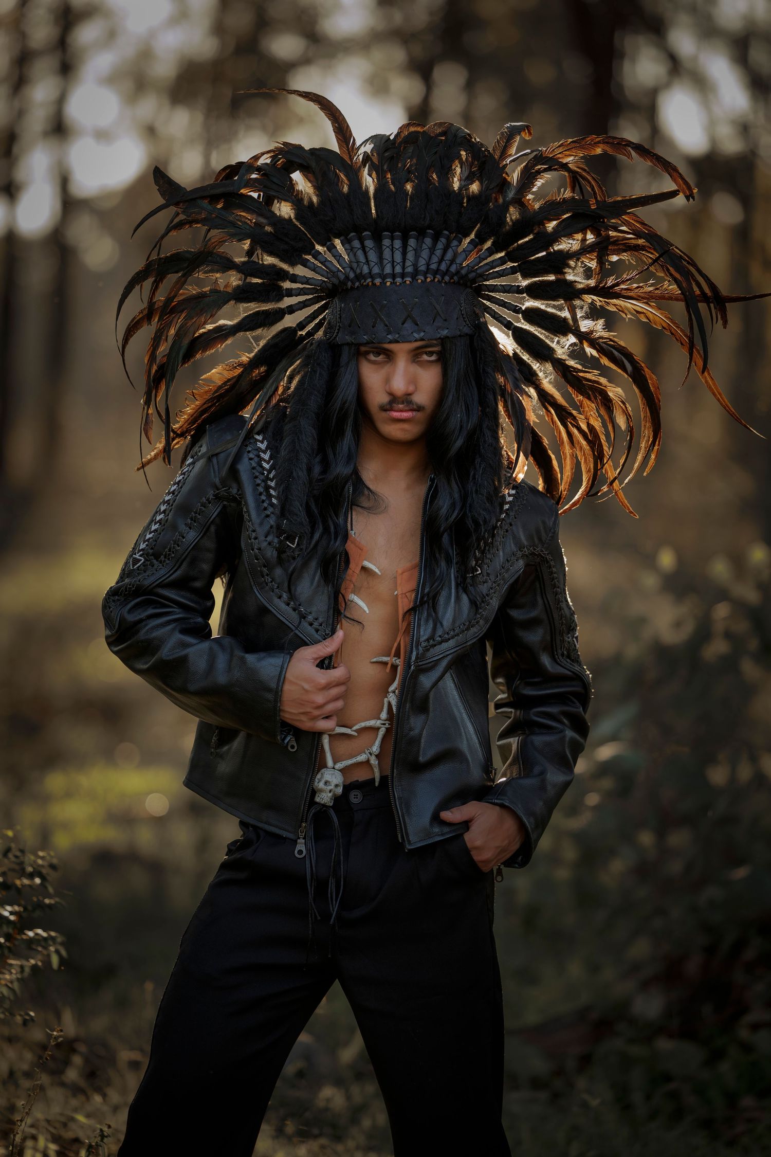 Edgy portrait featuring leather jacket and dramatic feathered headdress in forest setting.