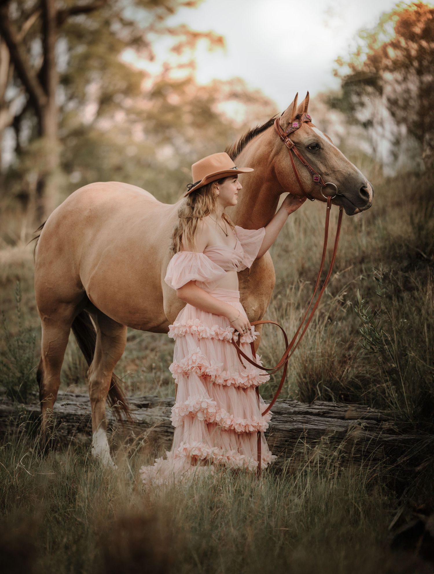 Romantic scene of a person in a flowing pink dress standing beside a majestic brown horse in a dreamy field.