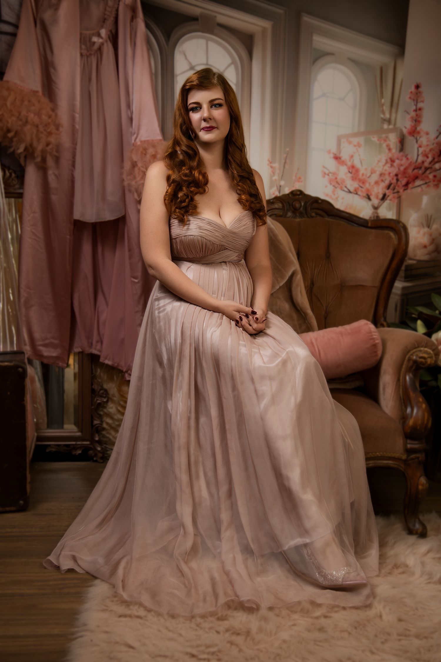 Elegant vintage-inspired boudoir photography series featuring soft lighting and flowing white gown in a romantic setting.