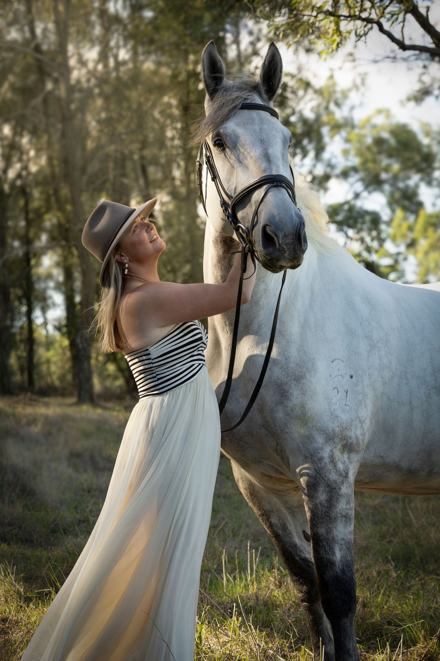 A portrait with a majestic white horse and flowing dress in golden sunlight.