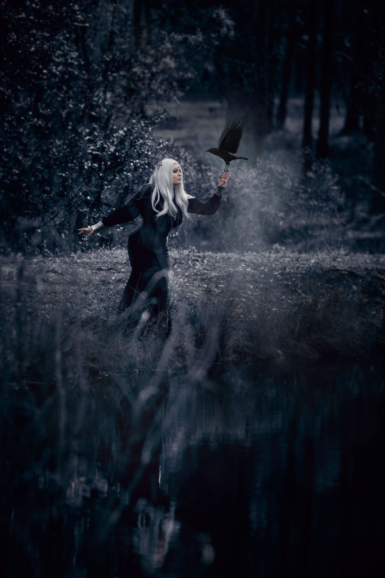 Ethereal scene of a figure in black with white hair dancing in a misty forest with a raven.