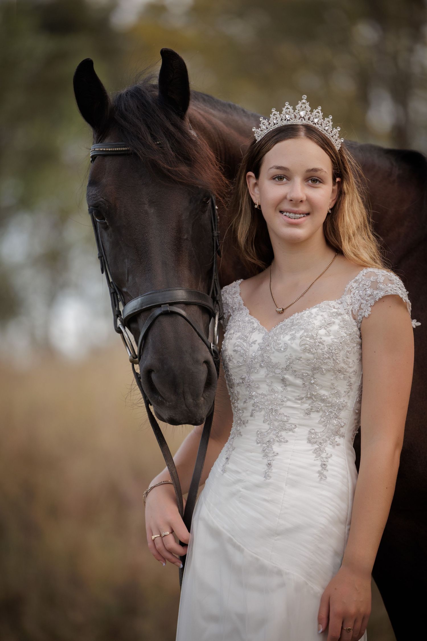 An elegant portrait featuring a dark bay horse and white lace dress against a soft background.