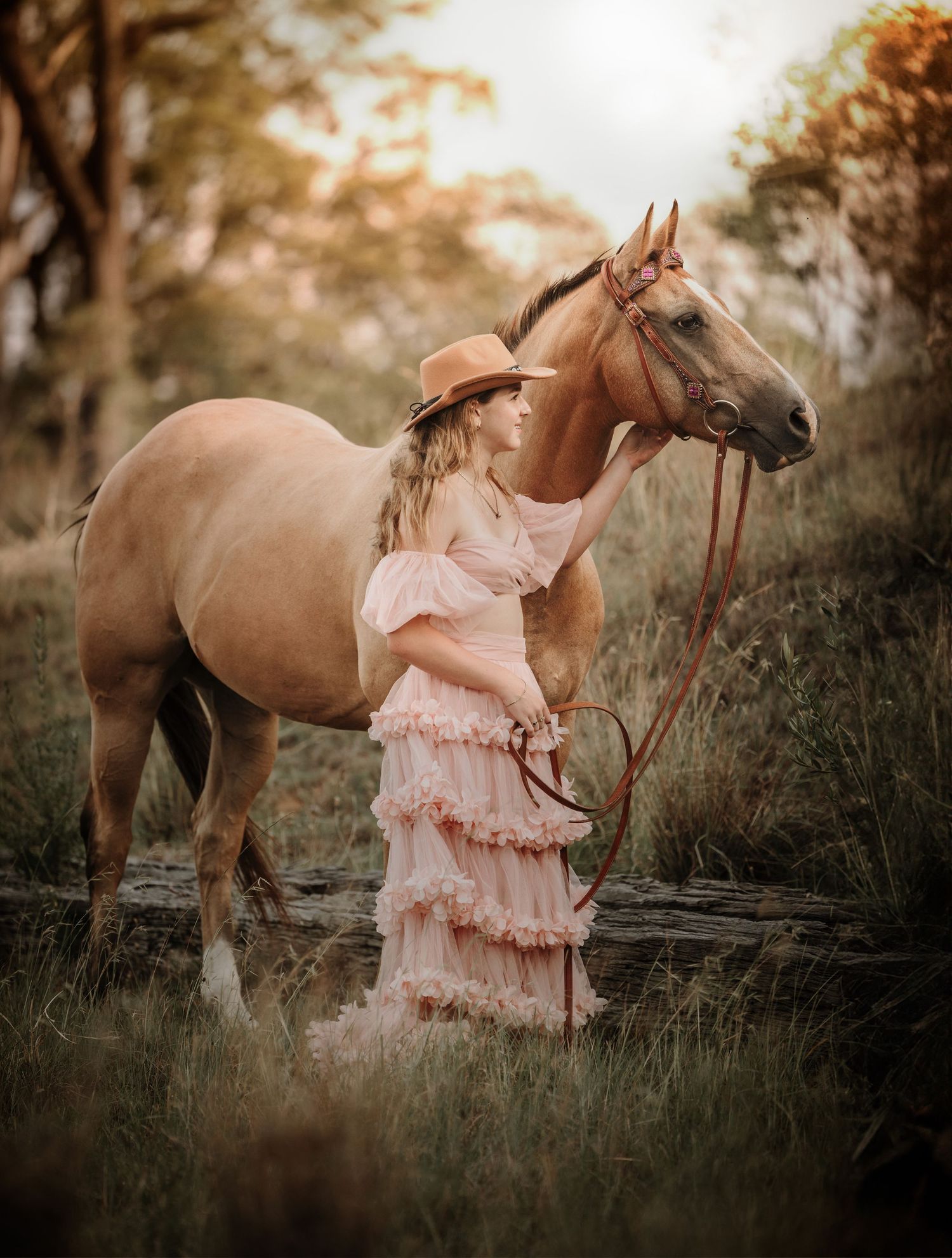 A dreamy outdoor scene with a horse and someone in a flowing pink dress standing together.