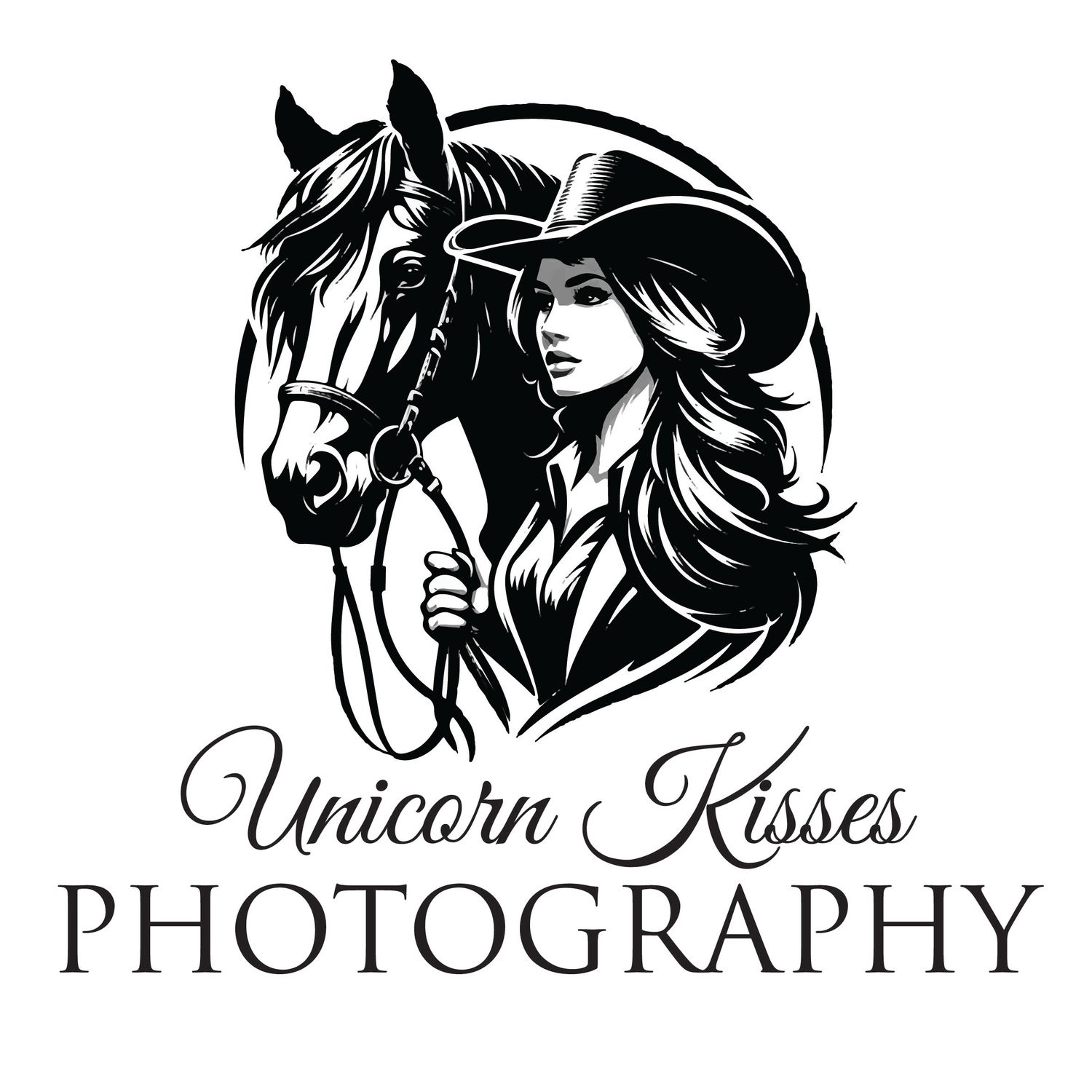 Black and white logo design featuring a horse and cowgirl silhouette with text reading Unicorn Kisses Photography.