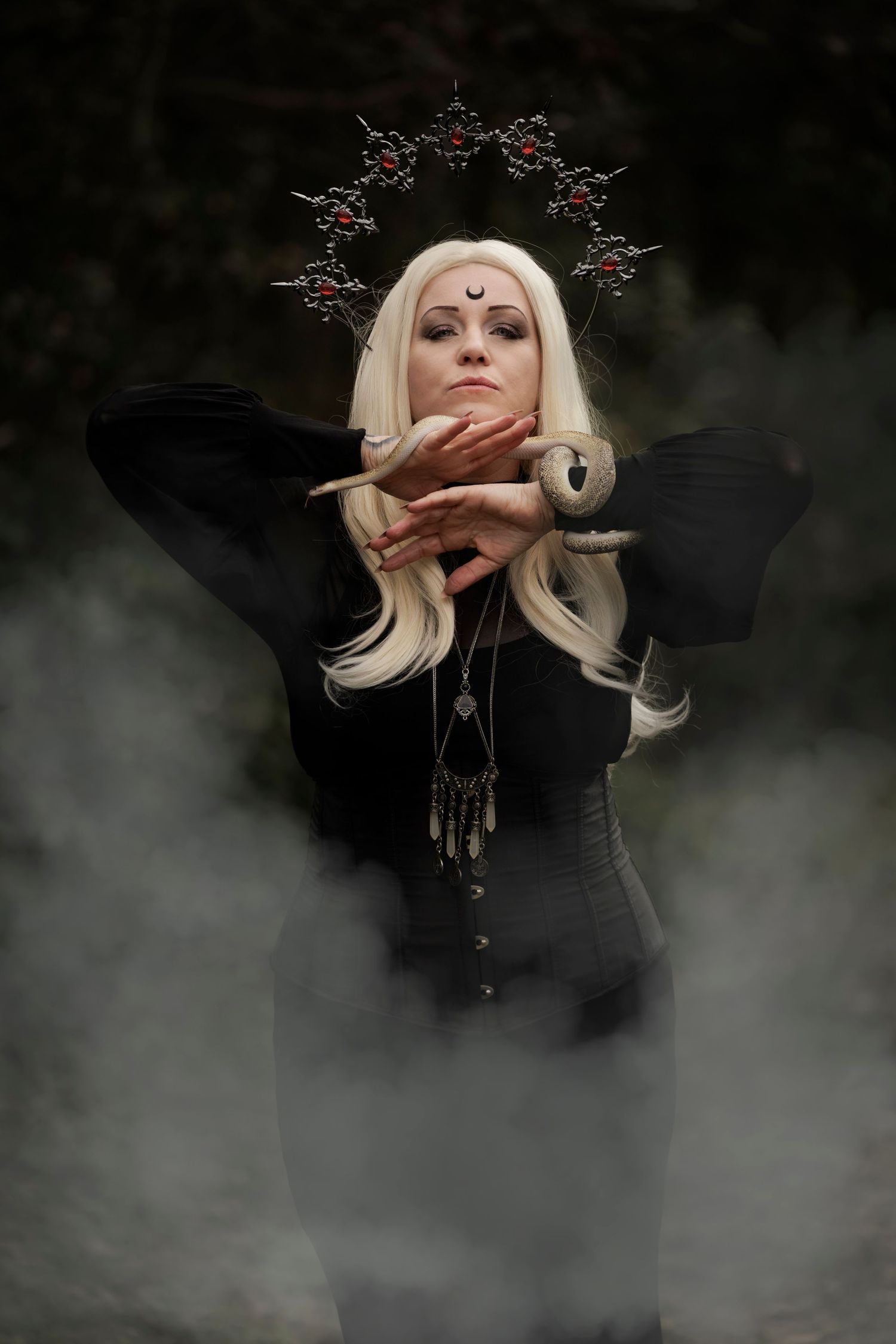 Mysterious gothic figure wearing a dark ornate crown and dress surrounded by ethereal fog.