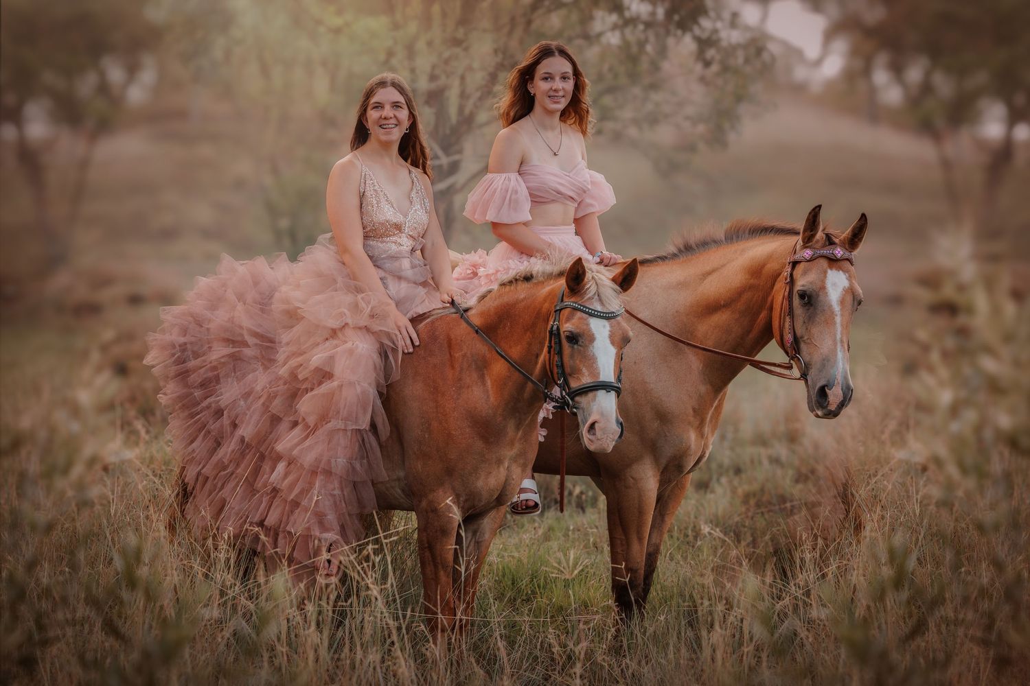 Two horses and their riders in flowing pink dresses create a romantic countryside scene.