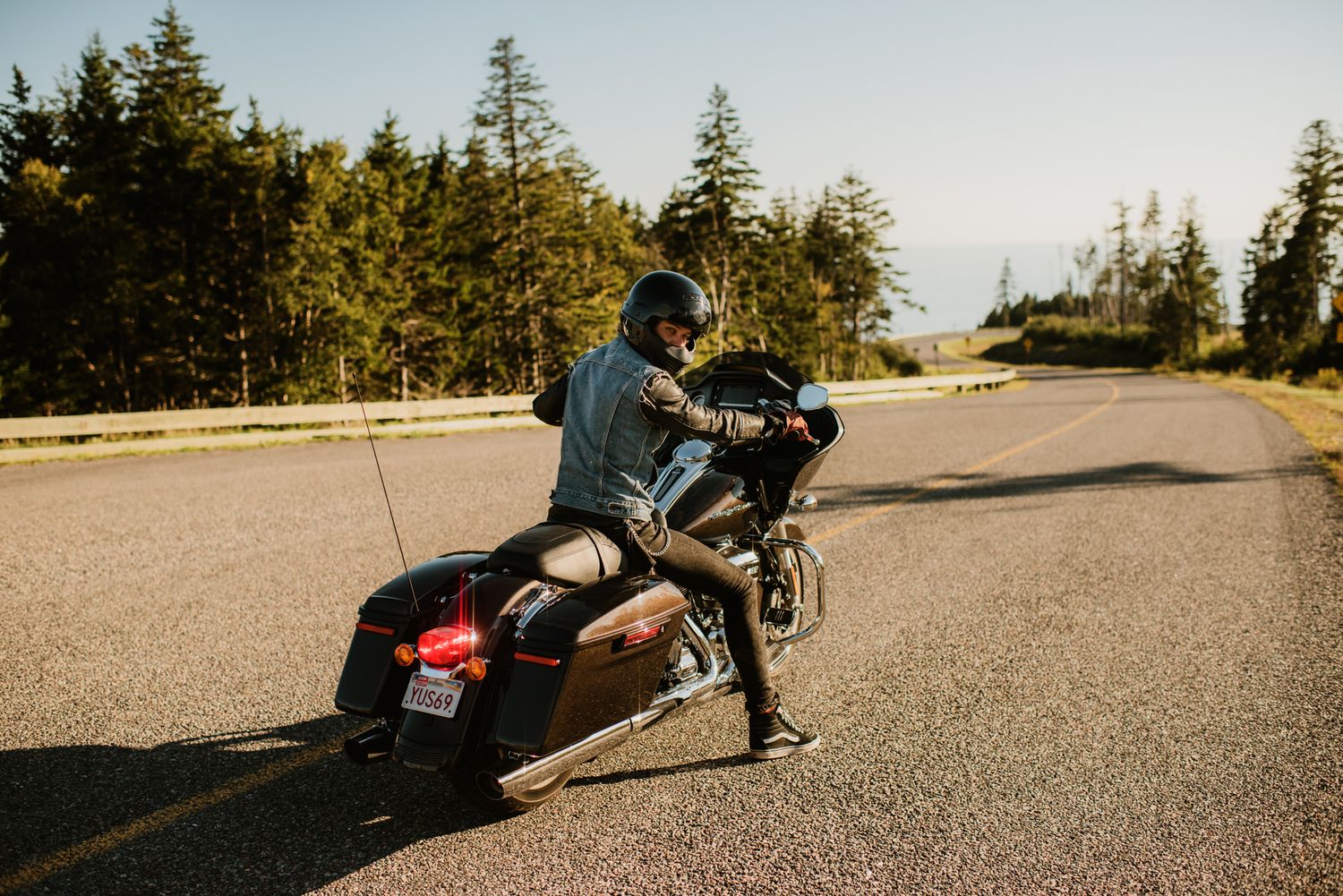 A motorcyclist rides a Harley-Davidson bagger on an open road surrounded by tall green trees on a sunny day.