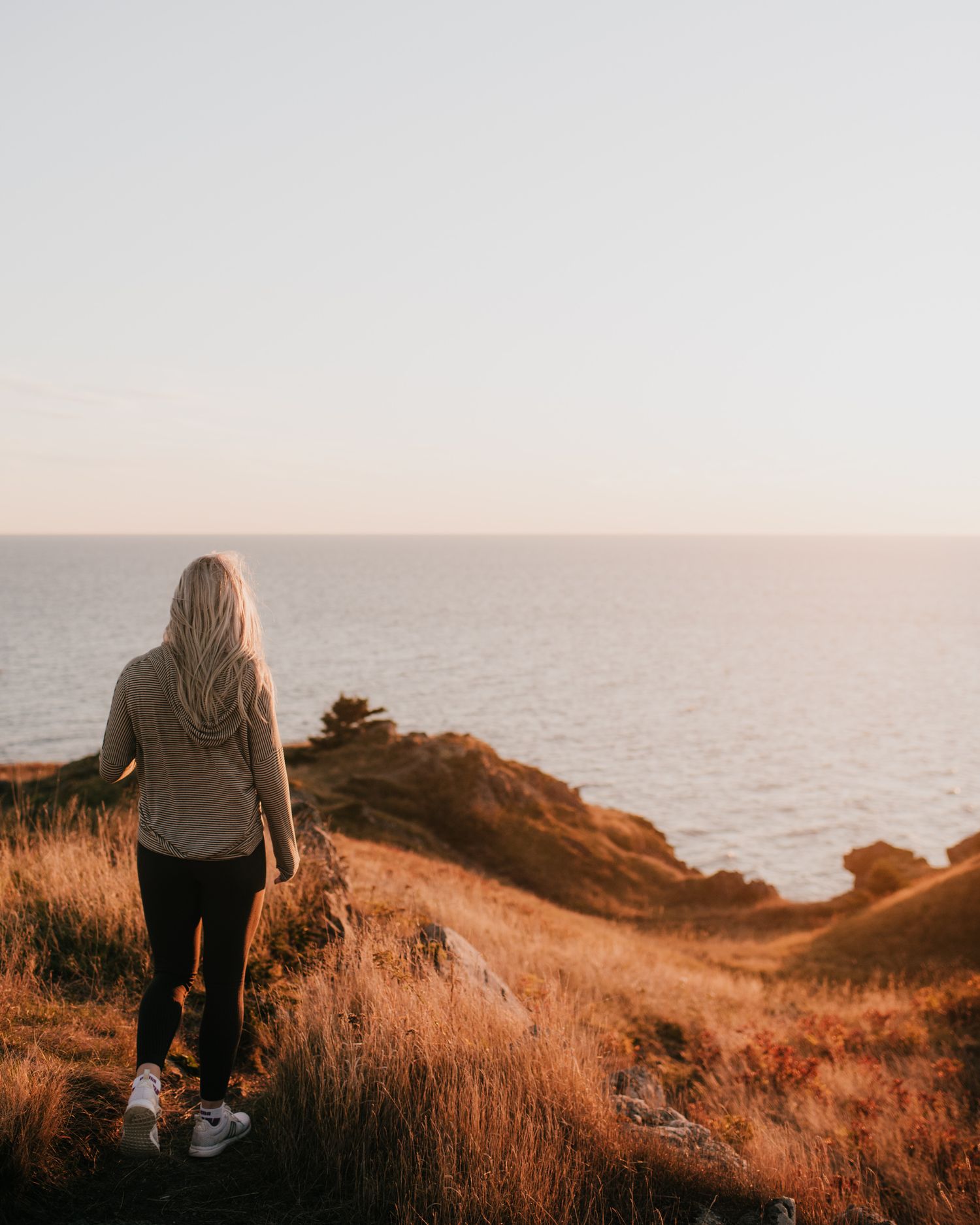 Woman with long blonde hair standing on coastal cliffside grassland, gazing at ocean horizon during golden hour sunset.