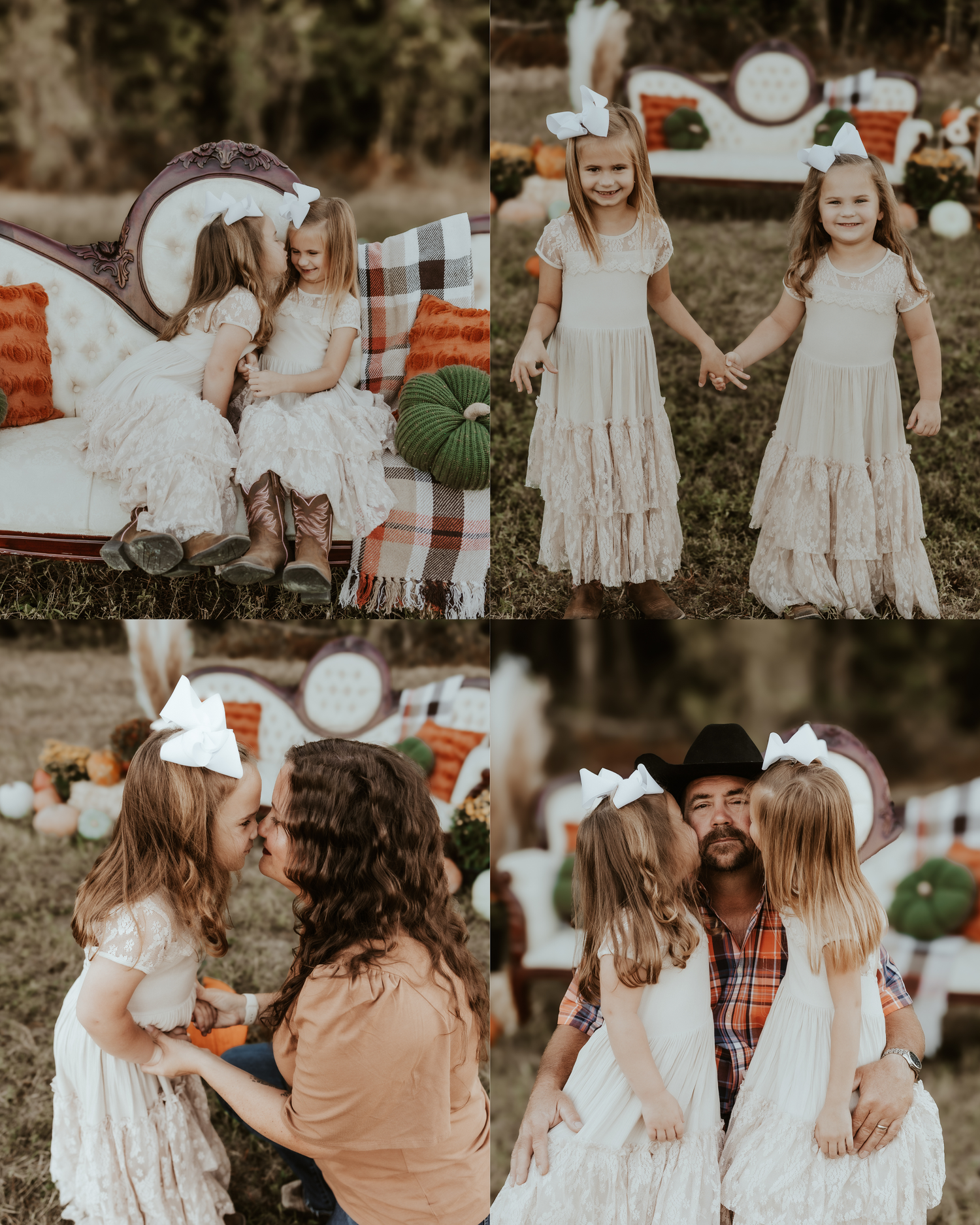 Children in white lace dresses pose together for portraits on vintage furniture with fall decorations.