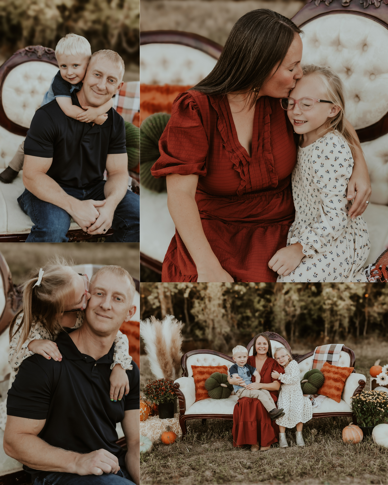 A family photo collage featuring casual portraits with pumpkins and vintage furniture in an outdoor setting.