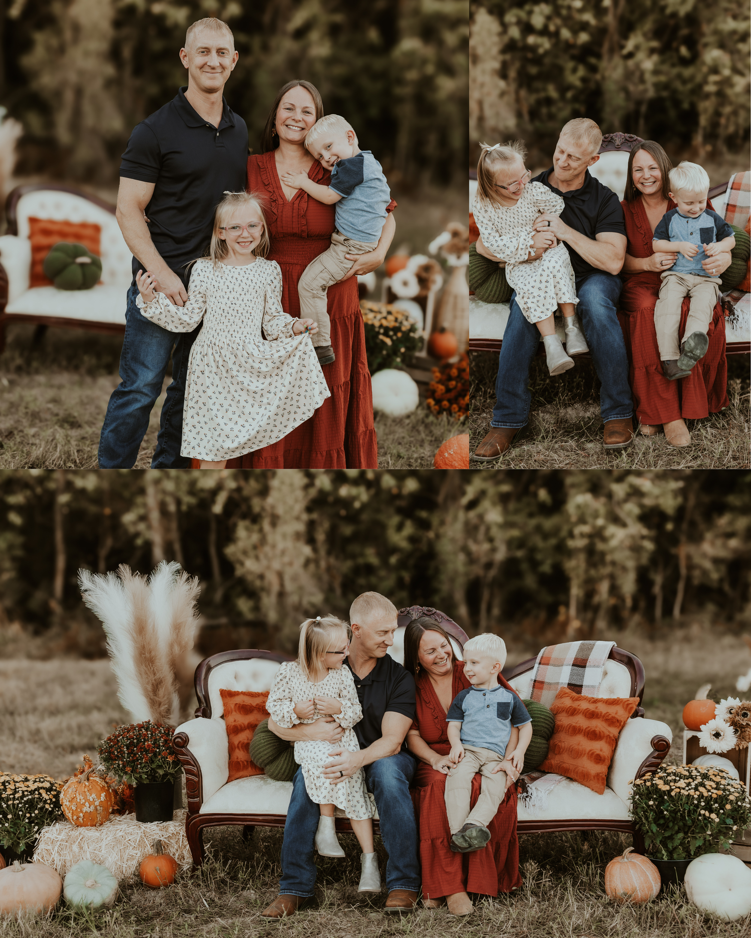 Family portraits on vintage furniture surrounded by fall decorations and pumpkins in an outdoor setting.