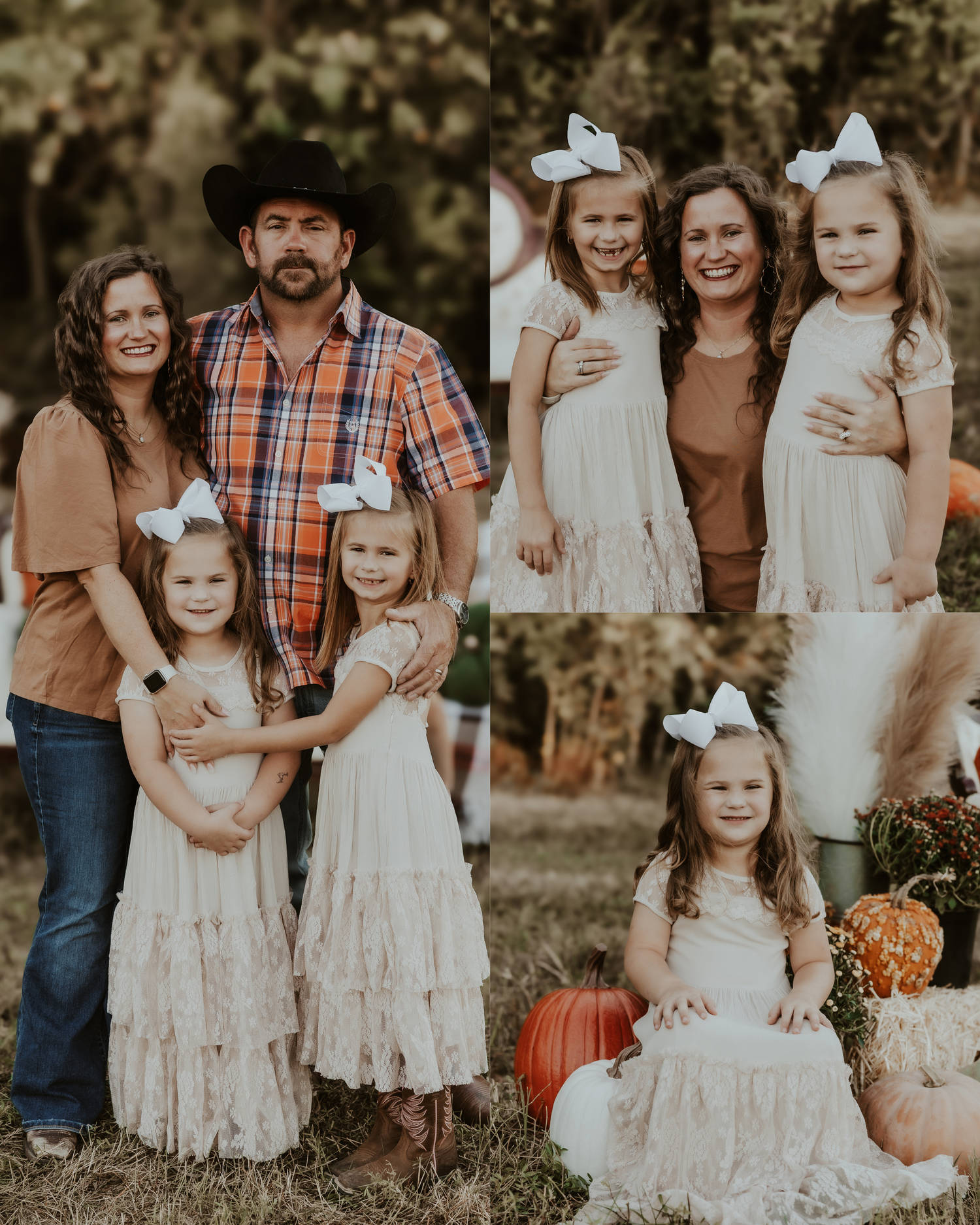 Family portraits featuring casual western wear and white dresses in an outdoor fall setting.