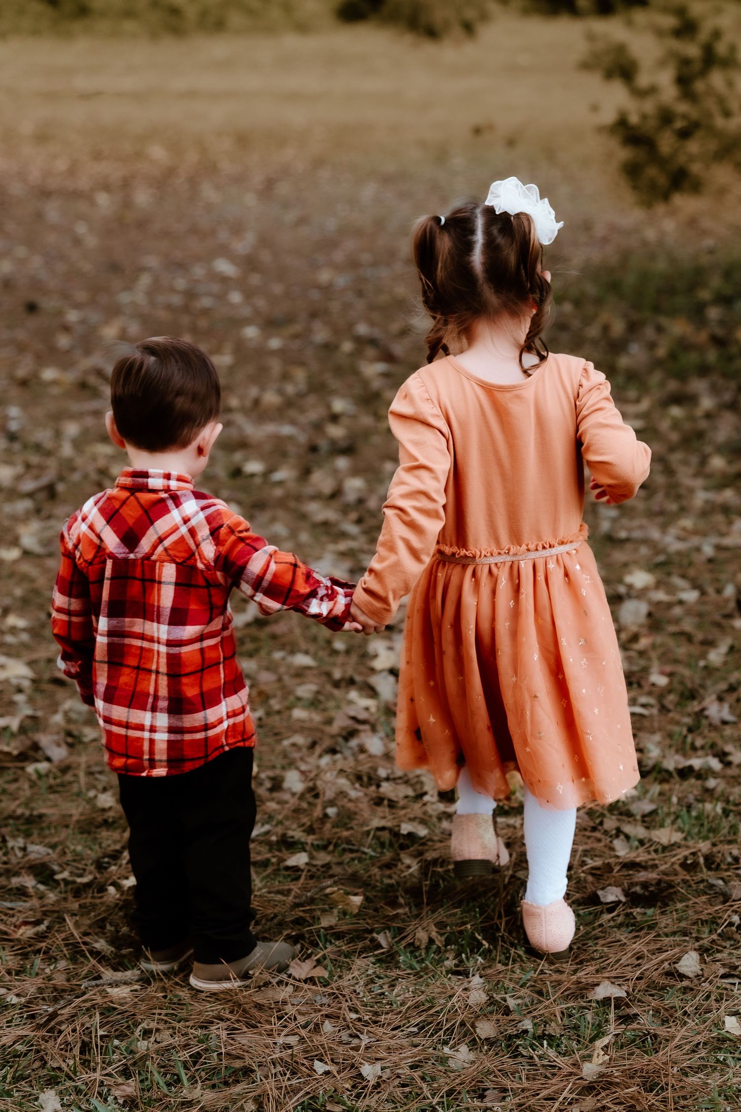 Two young children in autumn attire walk together holding hands on a leaf-covered ground in a series of candid photos.