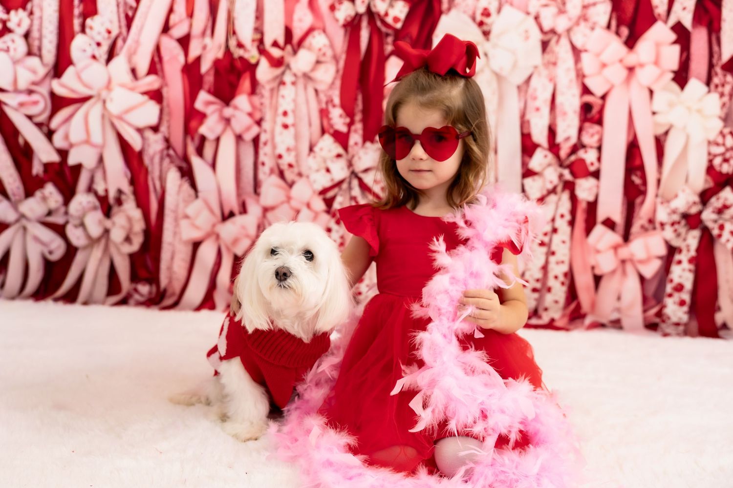 A small white dog and someone in red pose against a pink and red patterned backdrop with festive decorations.