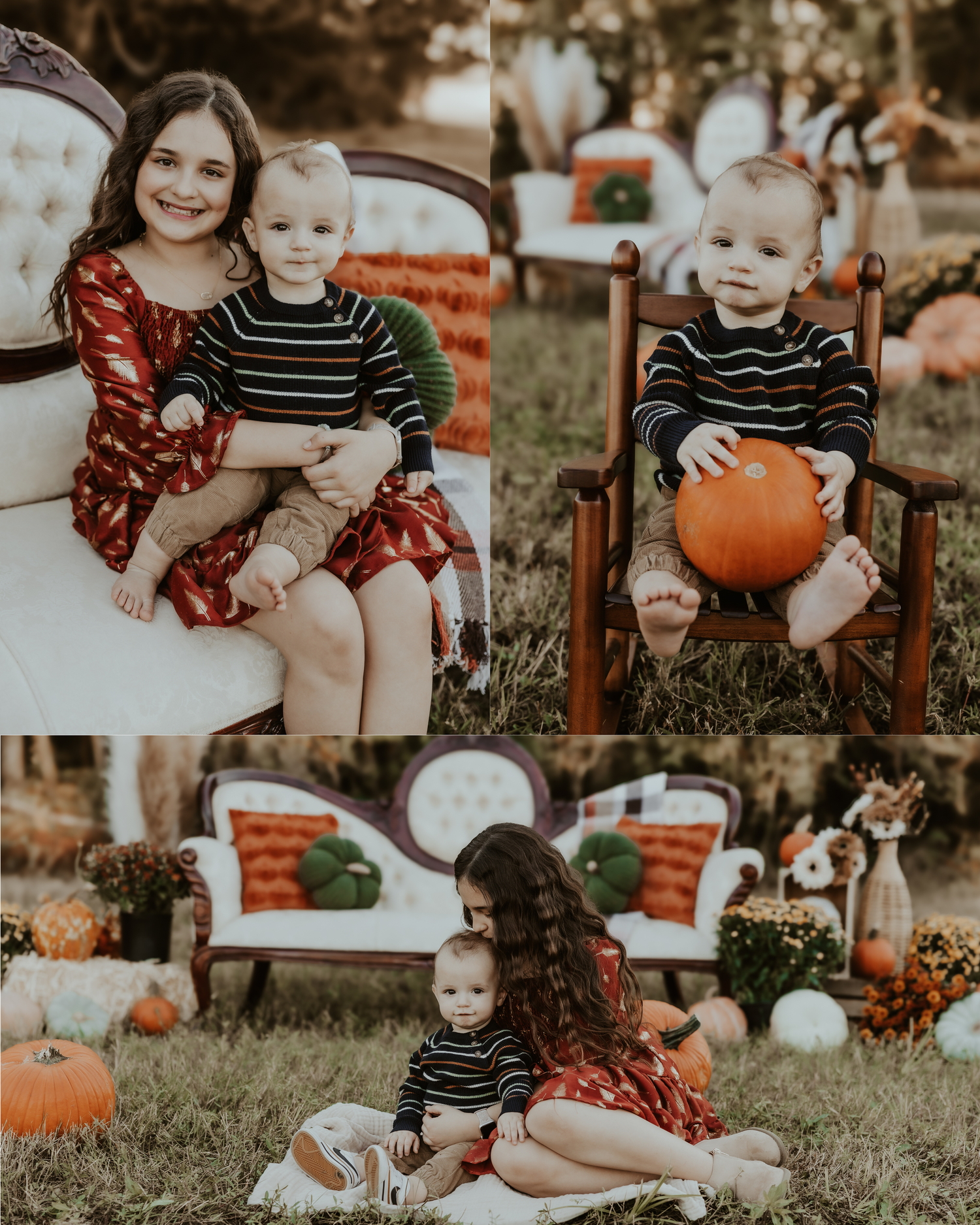 Fall themed portrait session with red dress and pumpkins on display.