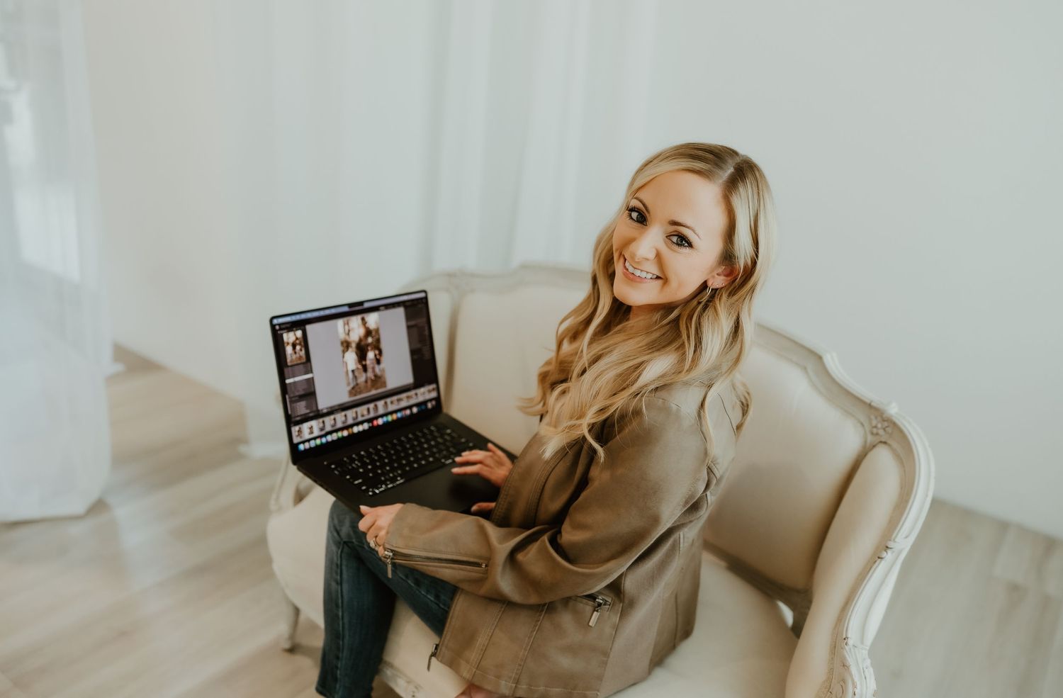 A series of lifestyle photos showing someone posing with a laptop on a beige couch in a bright, modern setting.