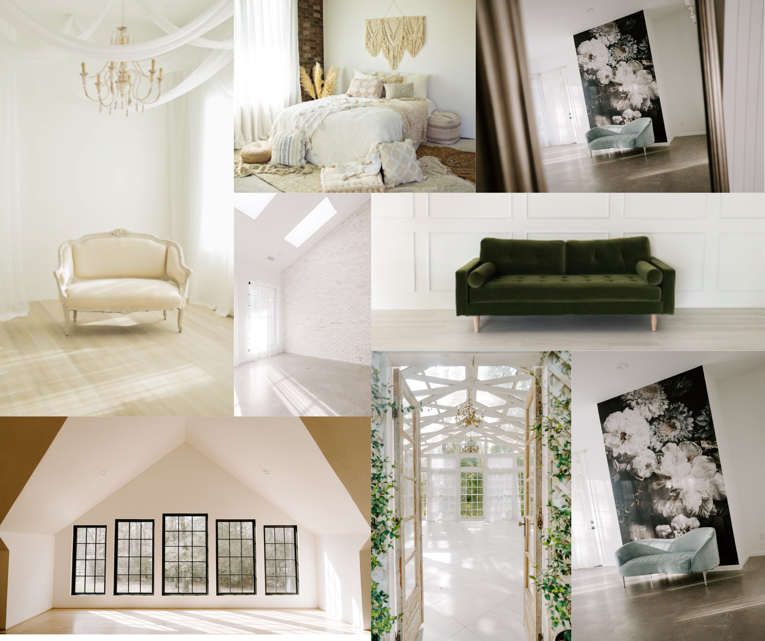 Elegant interior design collage featuring white rooms, a green velvet sofa, chandelier, floral art, and a serene greenhouse space.