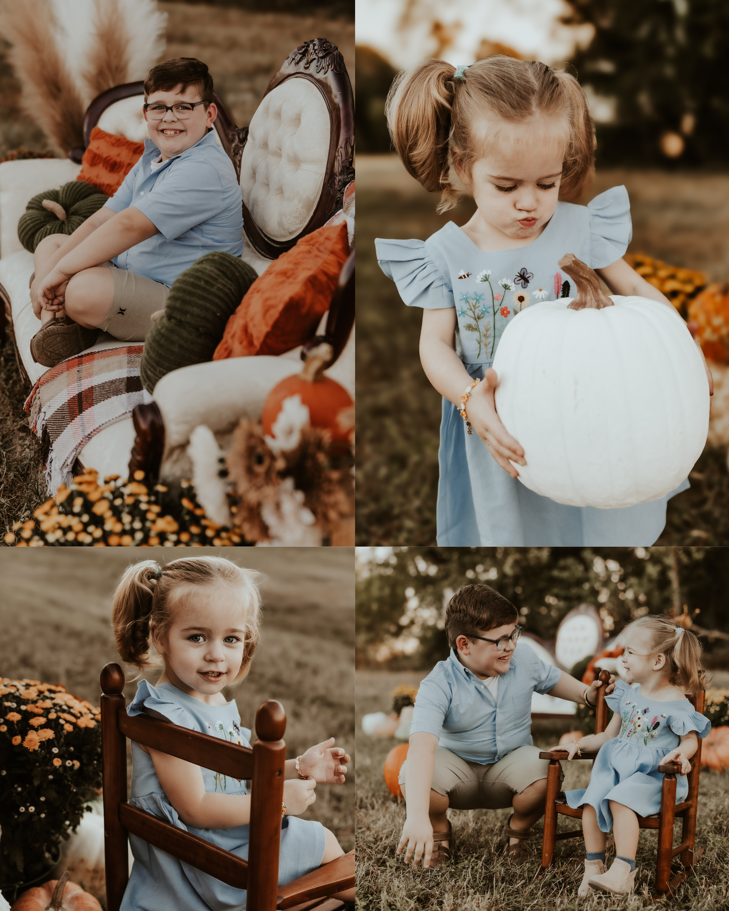 Children interacting with white pumpkins in an autumn garden scene.