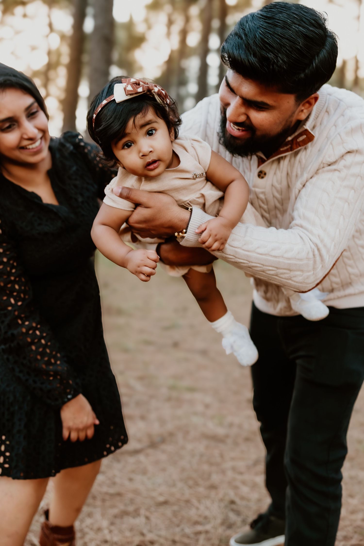 A playful sequence of candid family moments captured in a warm outdoor setting with natural bokeh lighting.
