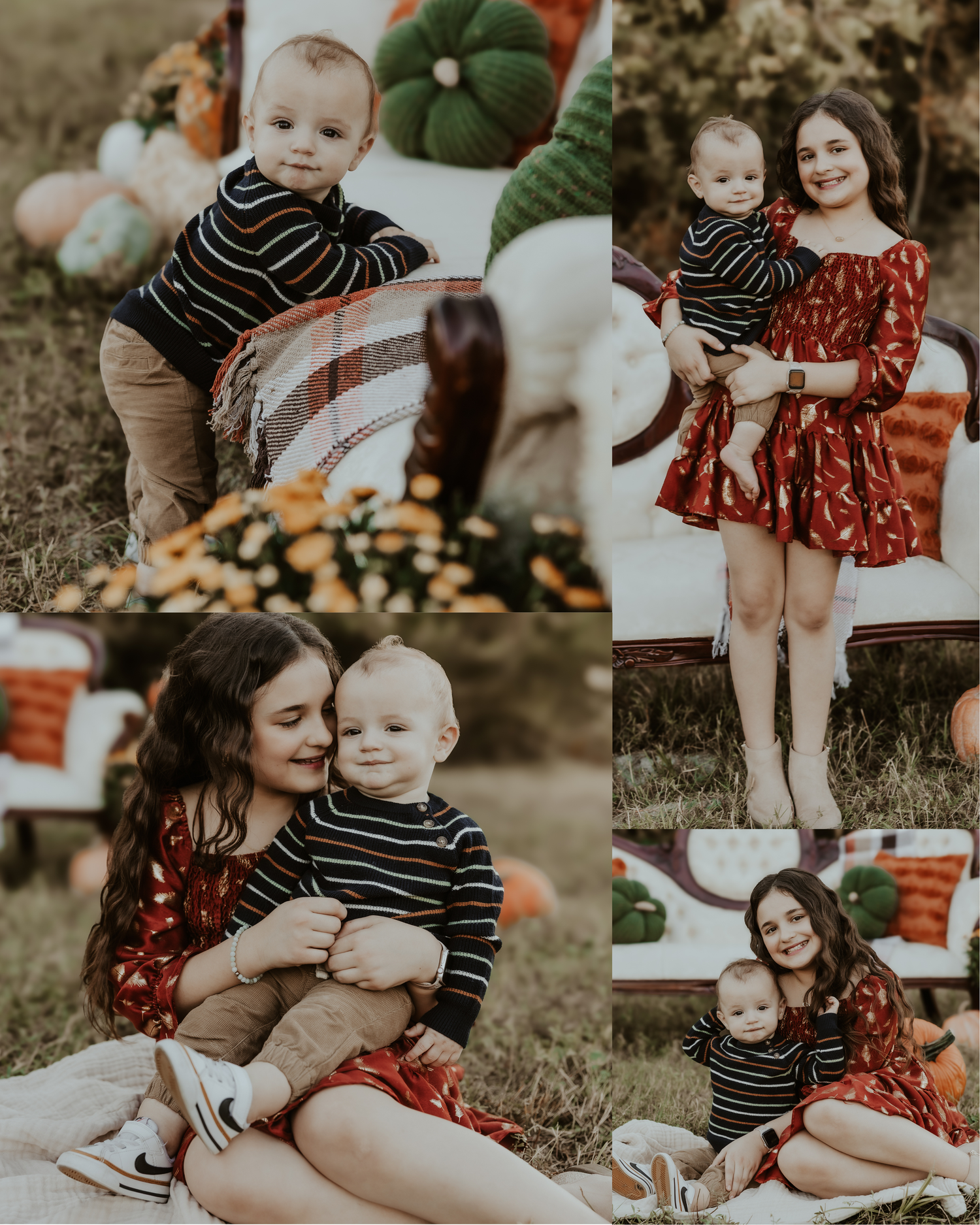 Autumn family photoshoot with pumpkins and blankets in a rustic outdoor setting.