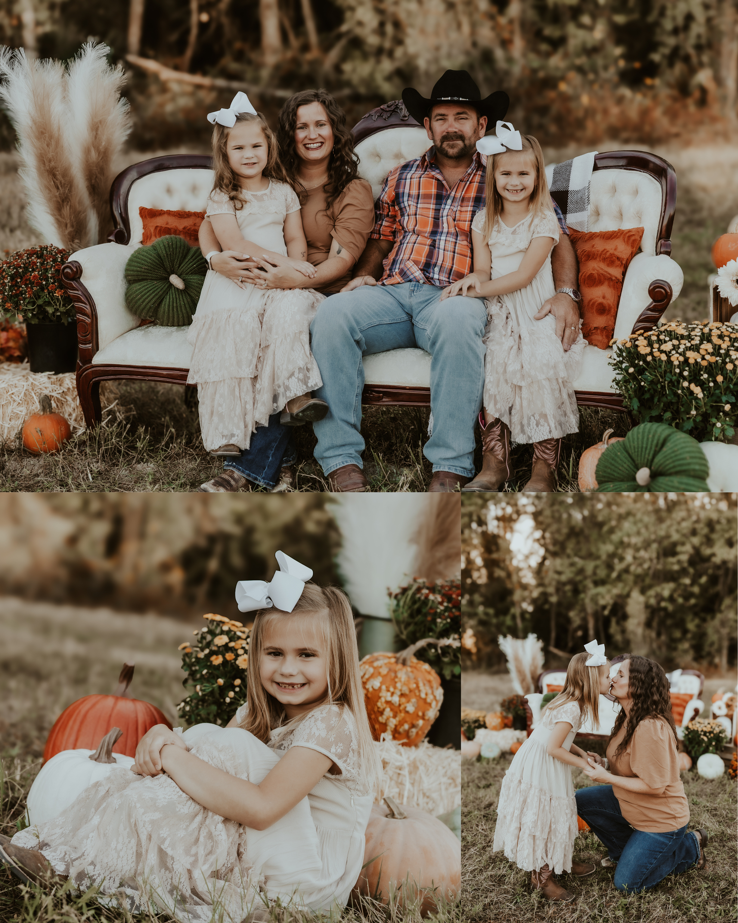 Family photos on vintage furniture with children in white dresses surrounded by pumpkins and fall decor.