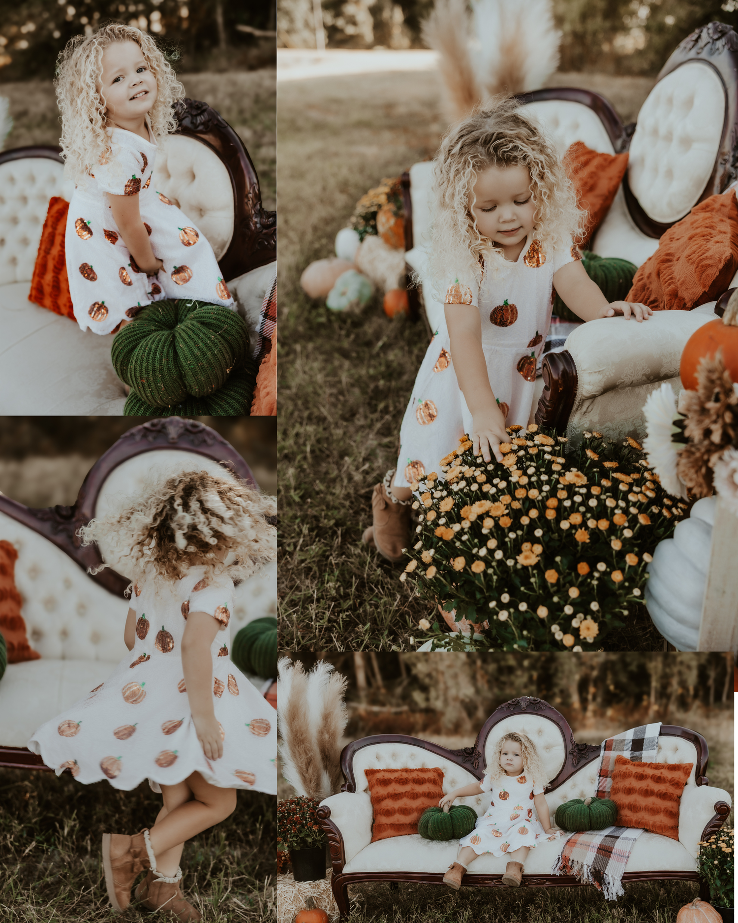 Autumn themed portrait session with pumpkin print dress and vintage furniture.