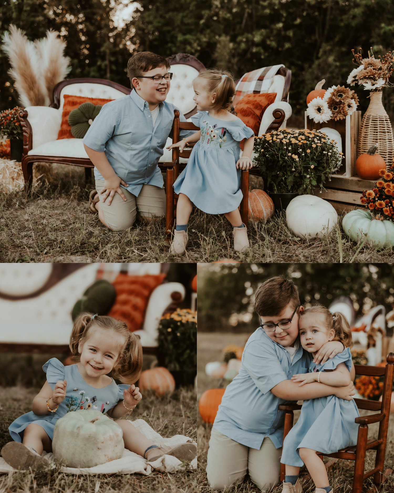 Candid moments of siblings playing together in a pumpkin patch setting.