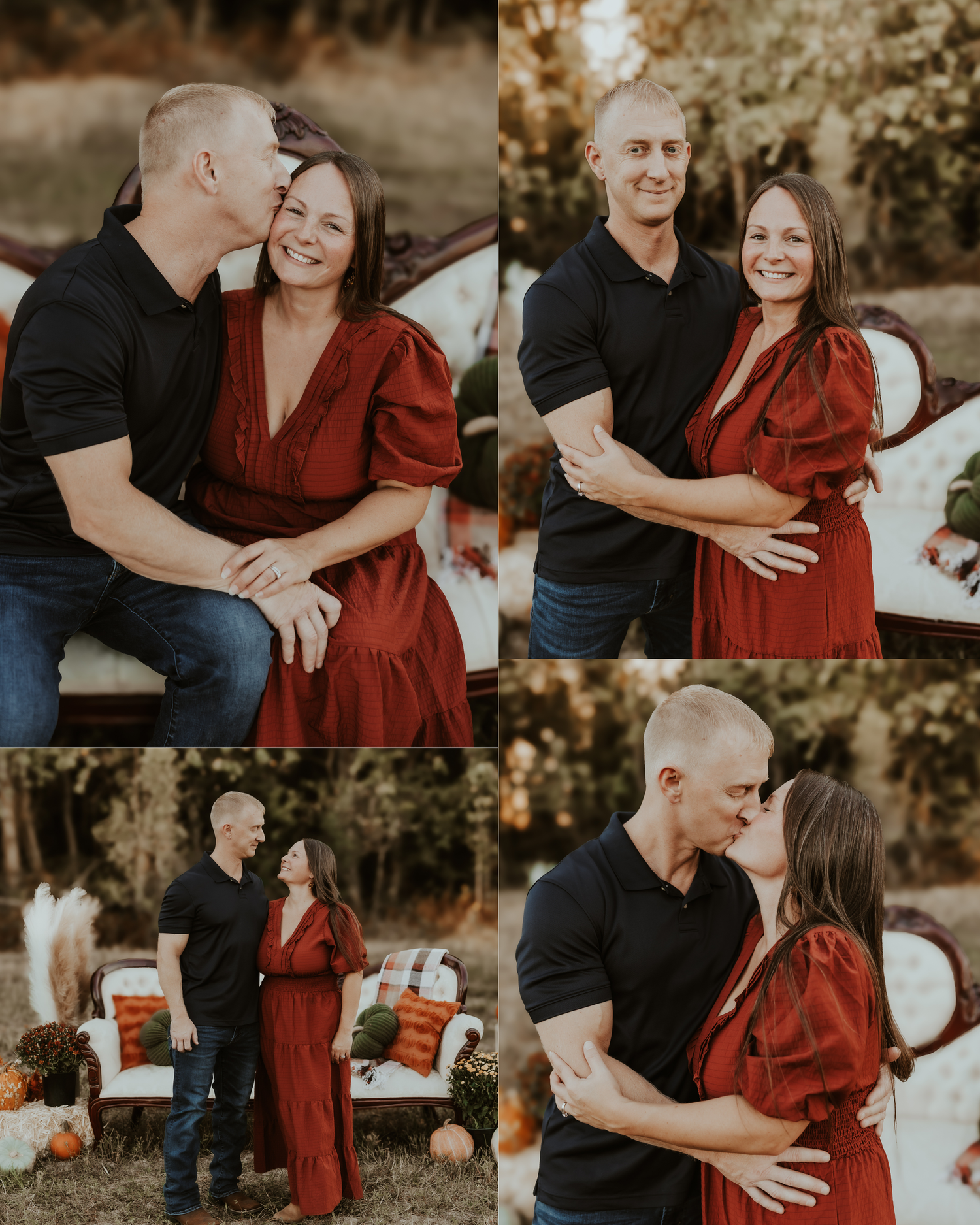 Romantic couple photos showing tender moments while wearing coordinating red and black outfits outdoors.