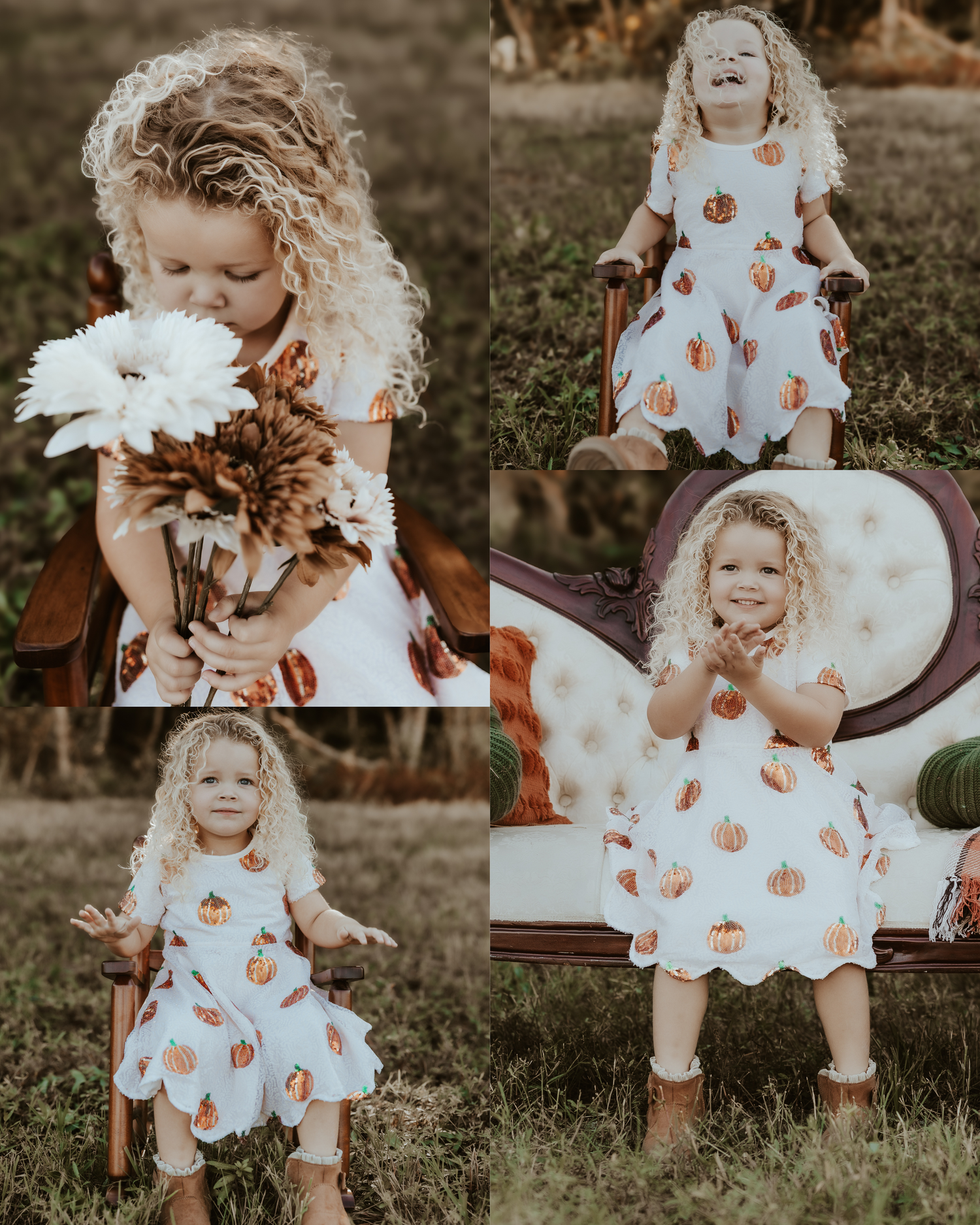 Vintage-styled portrait session in floral dress with antique chair outdoors.