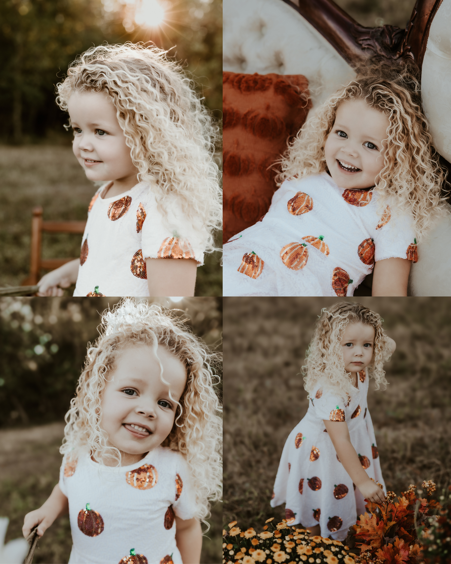 Sunlit outdoor portraits featuring pumpkin print dress and curly hair in golden light.