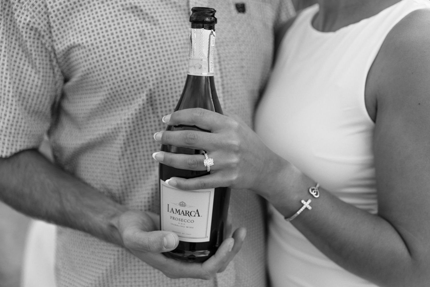 Several black and white photos side by side showing hands holding drinks and wine glasses at a social gathering.