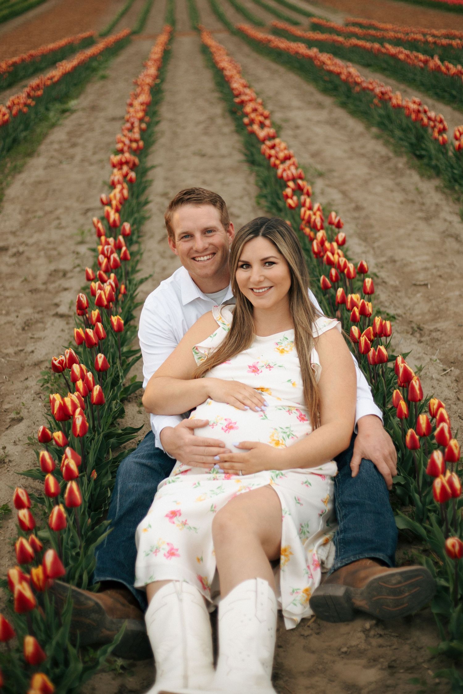 Orange tulips bloom in parallel rows at a tulip farm during spring creating vibrant patterns in the soil.