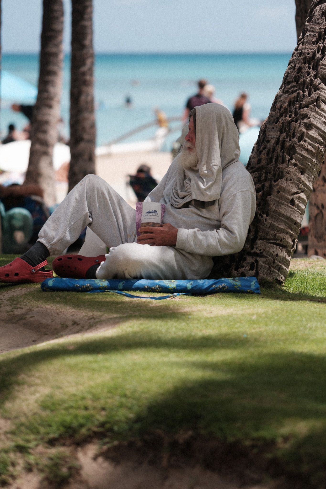 People relaxing under palm trees along a tropical beach with turquoise waters in the background.