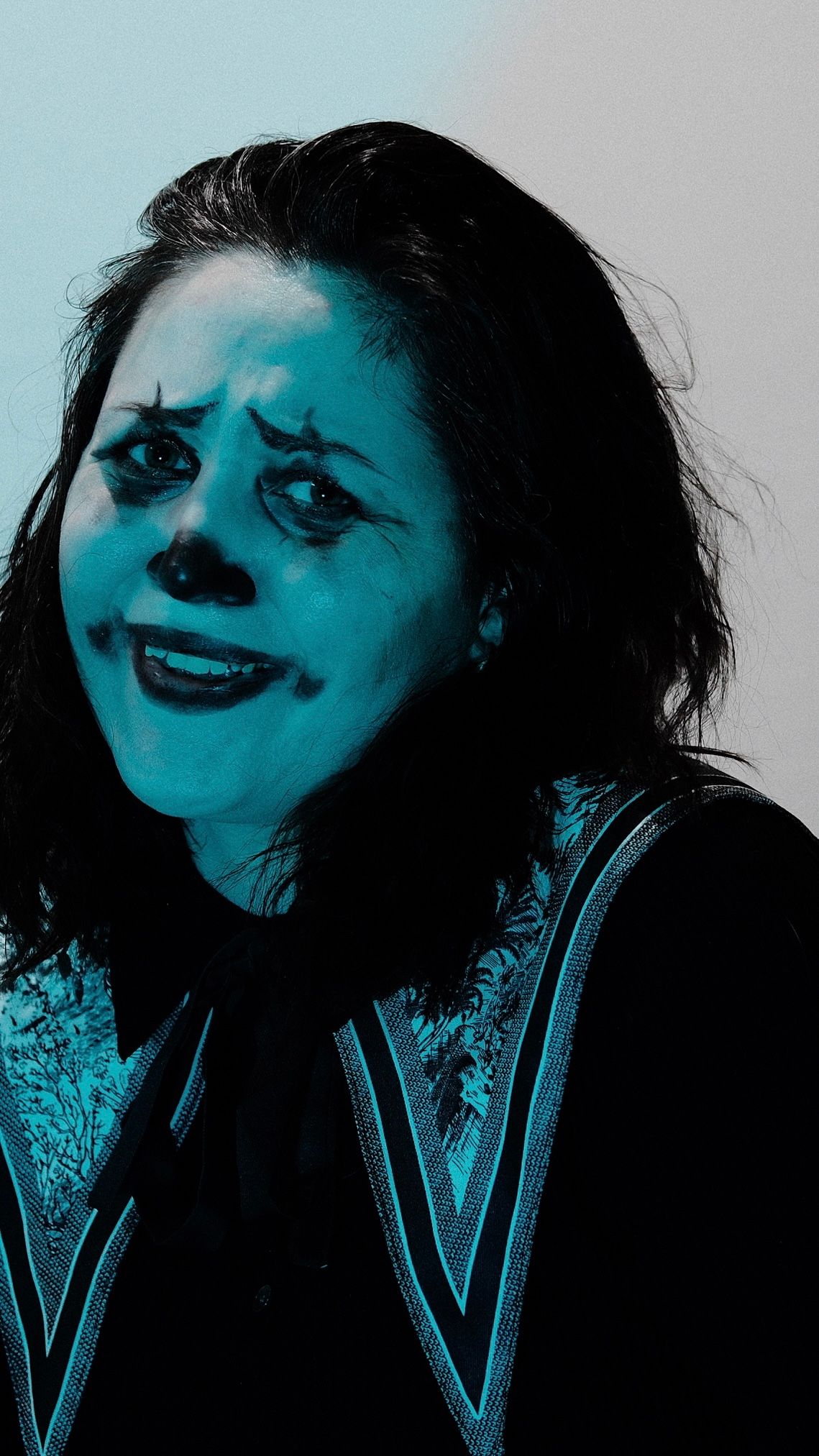 A four-part photo sequence showing dark moody portrait with dramatic teal lighting and gothic makeup styling.